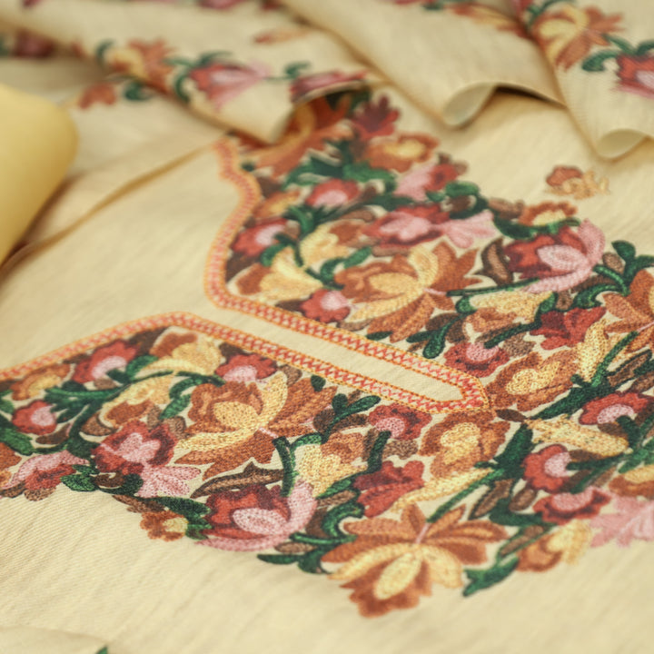 लिहाजी Butter Yellow Kashida Digital Floral Printed Semi Pashmina Winter Set