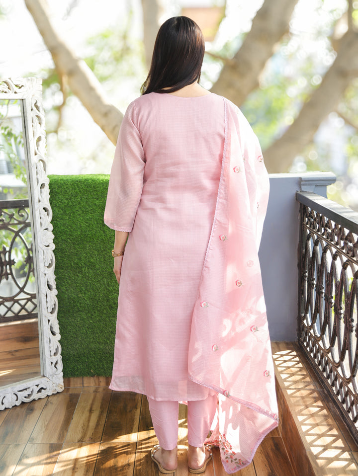 Aadhira Petal Pink Embroidered Yoke with Moti Work Kota Doriya 3 Piece Set