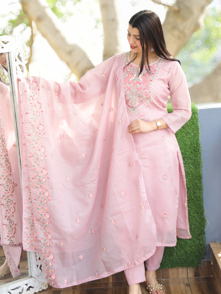 Aadhira Petal Pink Embroidered Yoke with Moti Work Kota Doriya 3 Piece Set