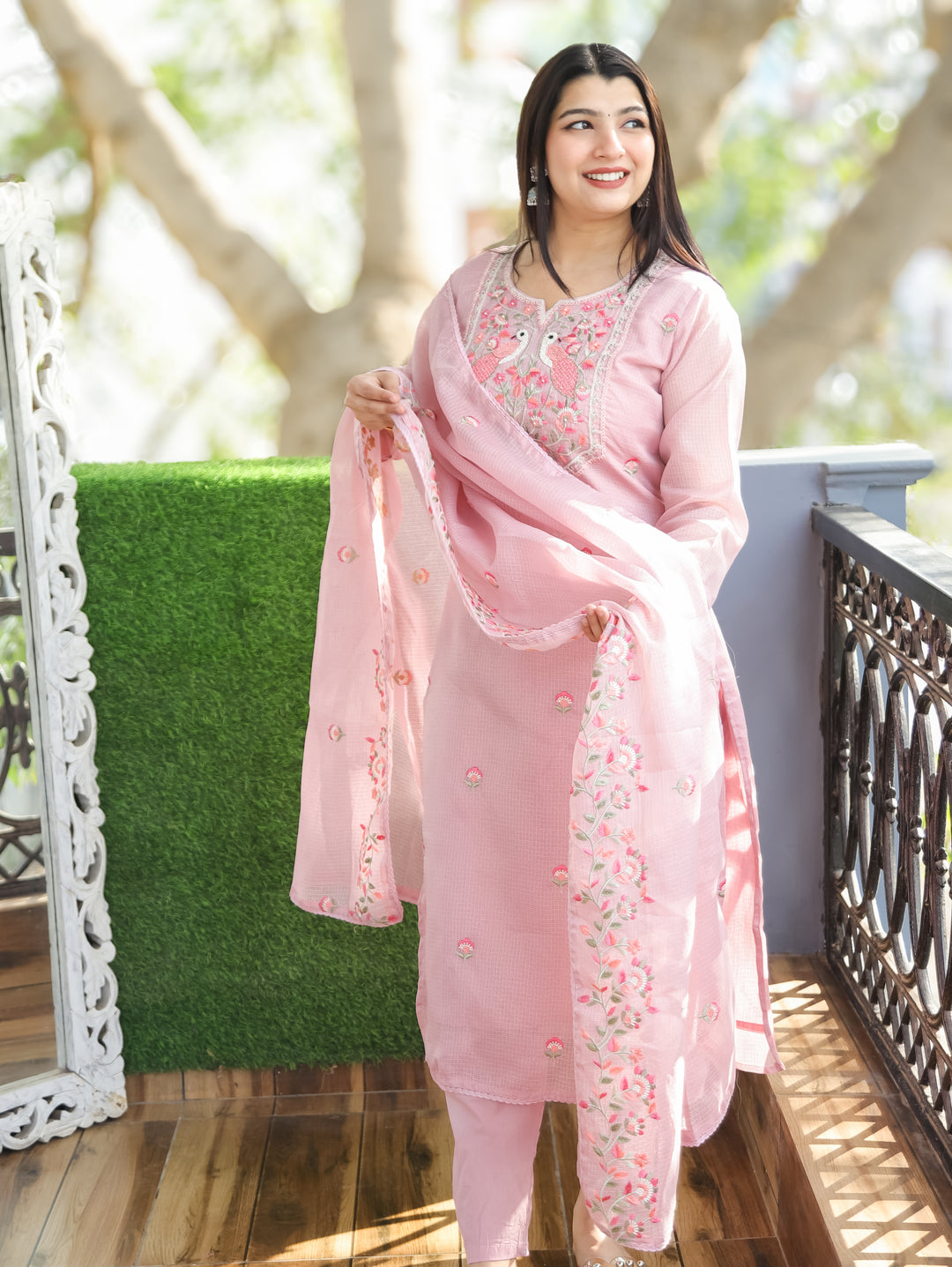 Aadhira Petal Pink Embroidered Yoke with Moti Work Kota Doriya 3 Piece Set
