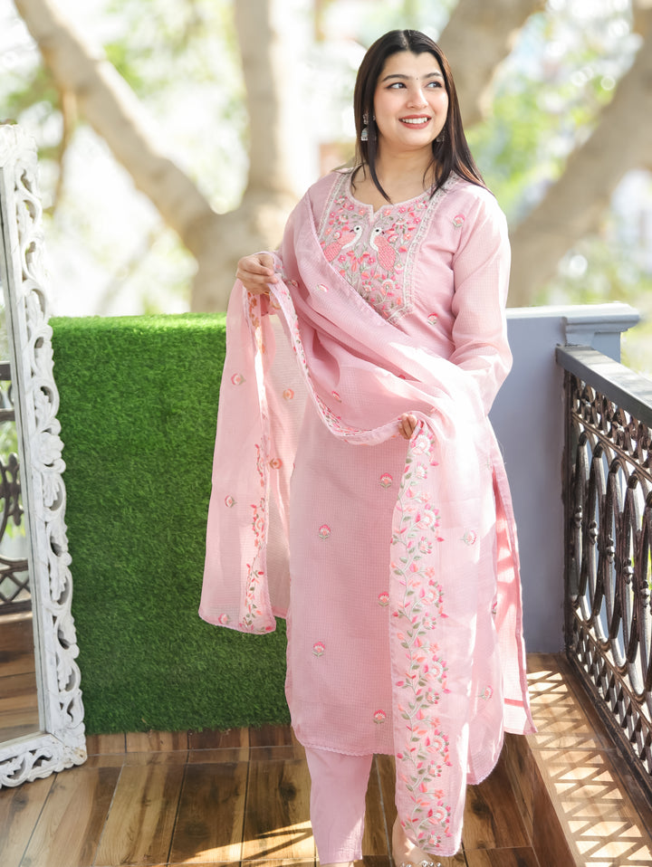 Aadhira Petal Pink Embroidered Yoke with Moti Work Kota Doriya 3 Piece Set