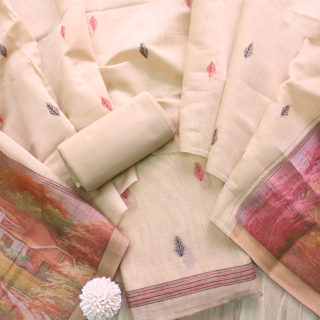 Rubaaroo Sand Beige Authentic Jamdani Top with Weaved Hem Dupatta