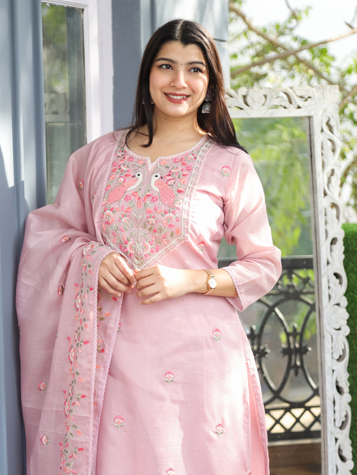Aadhira Petal Pink Embroidered Yoke with Moti Work Kota Doriya 3 Piece Set