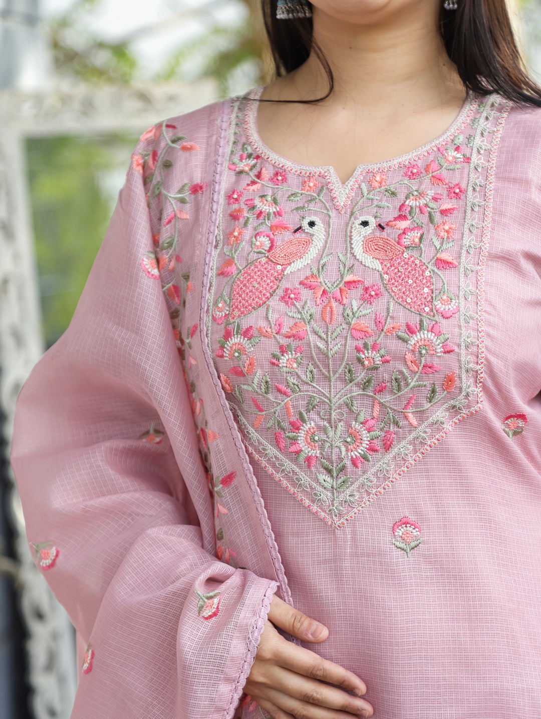 Aadhira Petal Pink Embroidered Yoke with Moti Work Kota Doriya 3 Piece Set