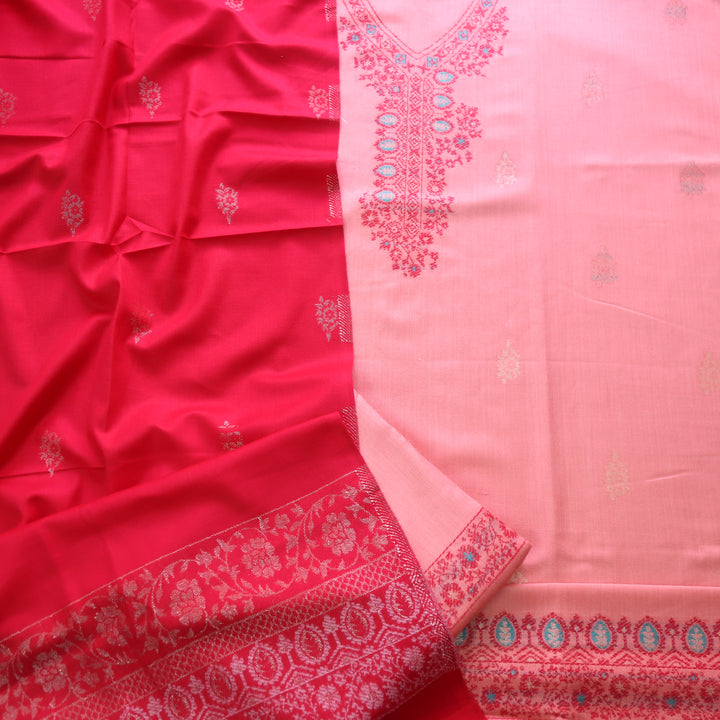 परदेसी Baby Peach Thread Weaved with Zari Semi Pashmina Winter Suit Set