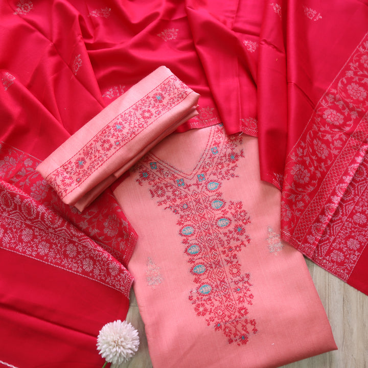 परदेसी Baby Peach Thread Weaved with Zari Semi Pashmina Winter Suit Set