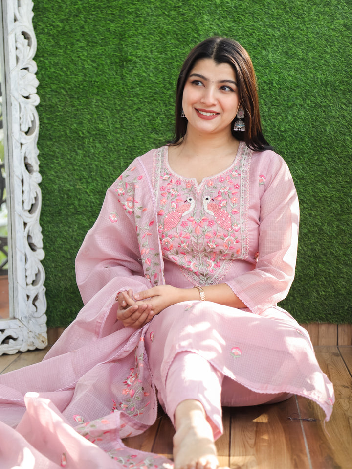 Aadhira Petal Pink Embroidered Yoke with Moti Work Kota Doriya 3 Piece Set
