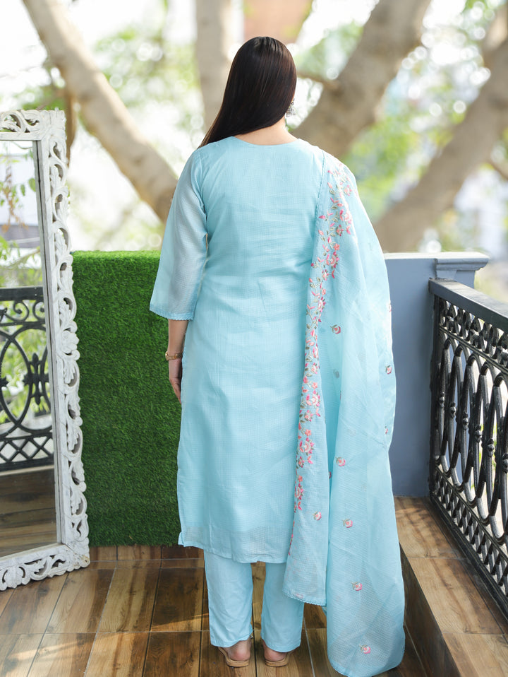 Aadhira Powder Blue Embroidered Yoke with Moti Work Kota Doriya 3 Piece Set