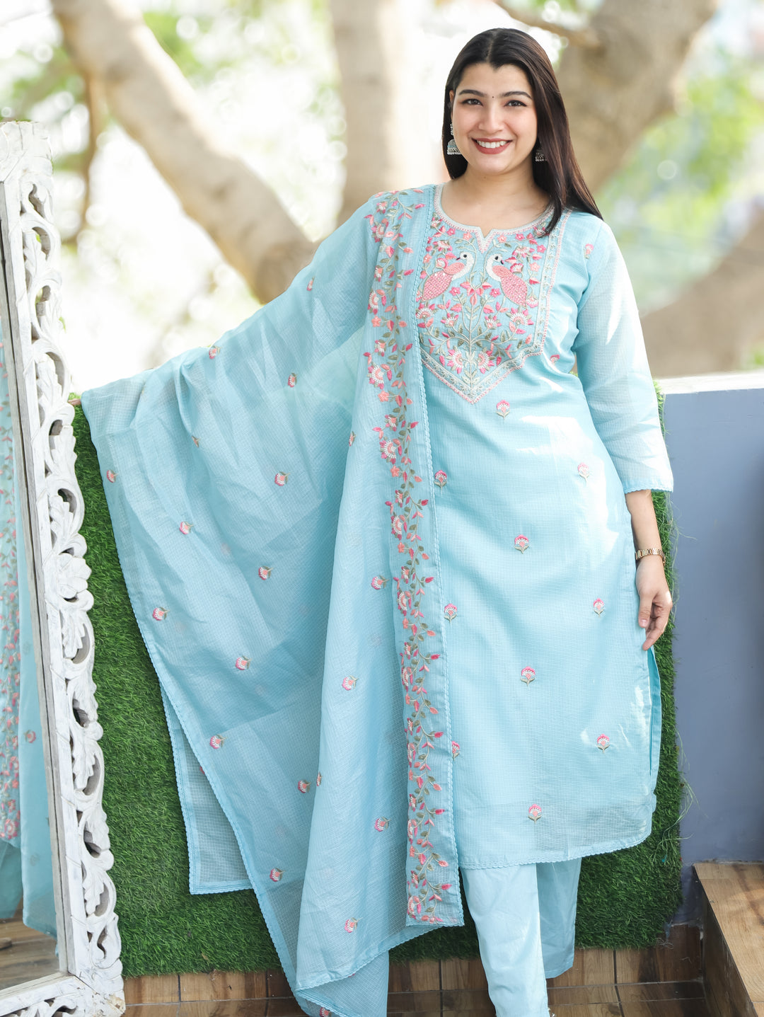 Aadhira Powder Blue Embroidered Yoke with Moti Work Kota Doriya 3 Piece Set