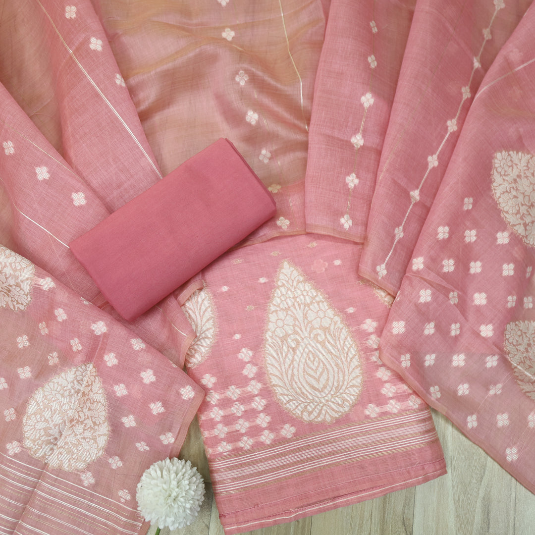 Rubaroo Flamingo Pink All Over Zari Weaved Jamdani Suit Set