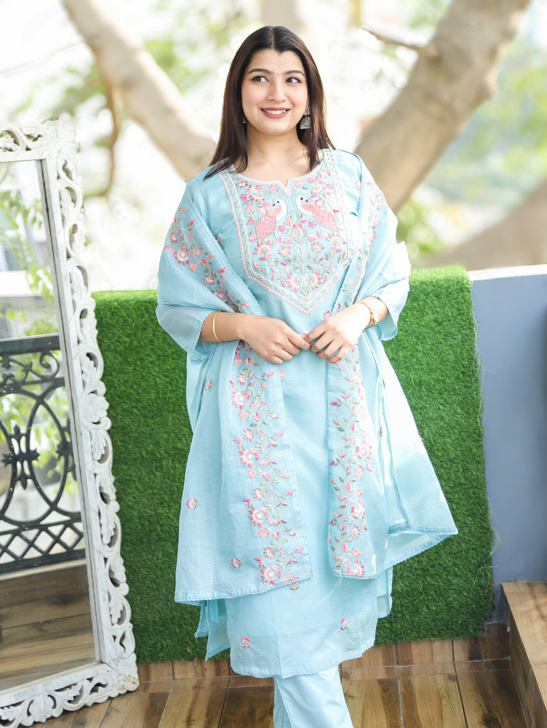 Aadhira Powder Blue Embroidered Yoke with Moti Work Kota Doriya 3 Piece Set