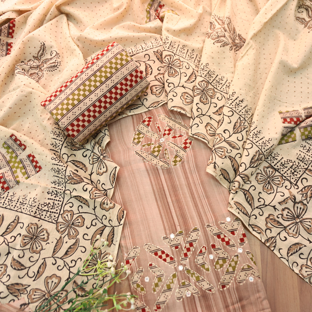 Sadafq Helio Mauve Kalamkari Applique Work Jam Satin Cotton Set