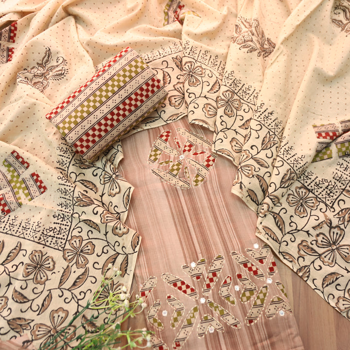 Sadafq Helio Mauve Kalamkari Applique Work Jam Satin Cotton Set