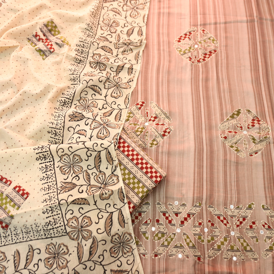Sadafq Helio Mauve Kalamkari Applique Work Jam Satin Cotton Set