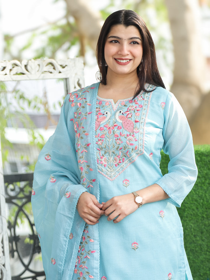 Aadhira Powder Blue Embroidered Yoke with Moti Work Kota Doriya 3 Piece Set