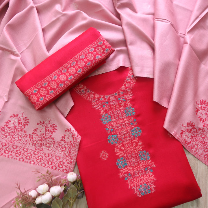 परदेसी Hot Pink Thread Weaved with Zari Semi Pashmina Winter Suit Set