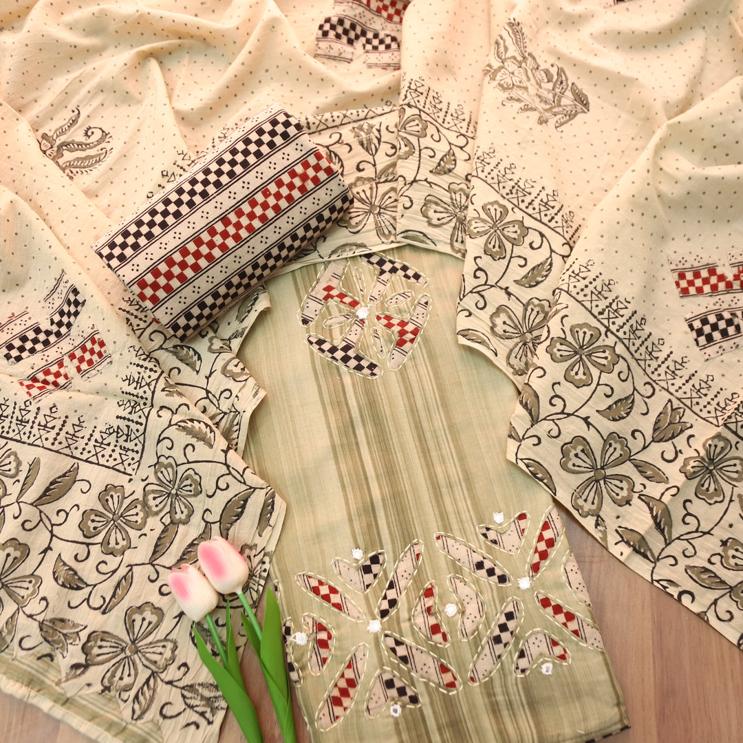 Sadafq Fern Green Kalamkari Applique Work Jam Satin Cotton Set