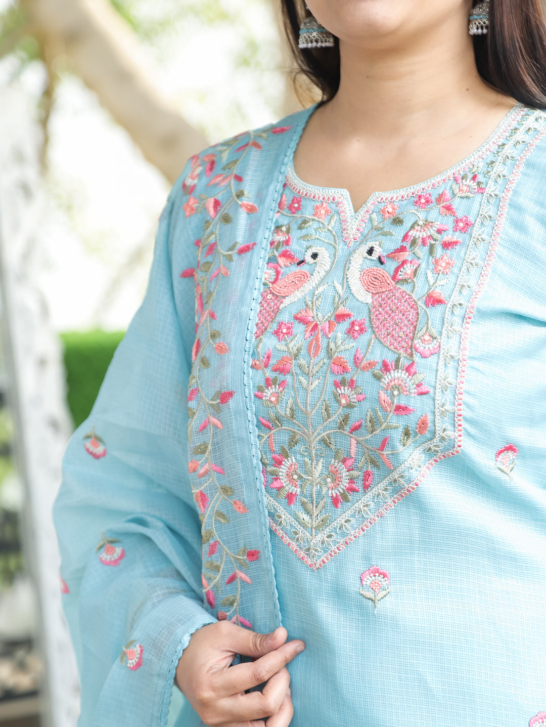Aadhira Powder Blue Embroidered Yoke with Moti Work Kota Doriya 3 Piece Set