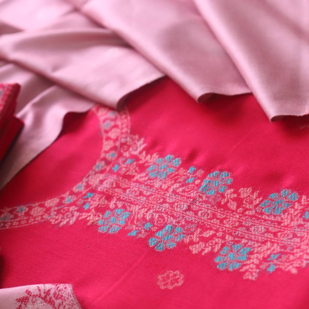 परदेसी Hot Pink Thread Weaved with Zari Semi Pashmina Winter Suit Set