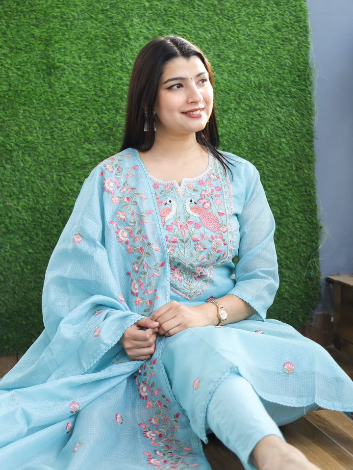 Aadhira Powder Blue Embroidered Yoke with Moti Work Kota Doriya 3 Piece Set