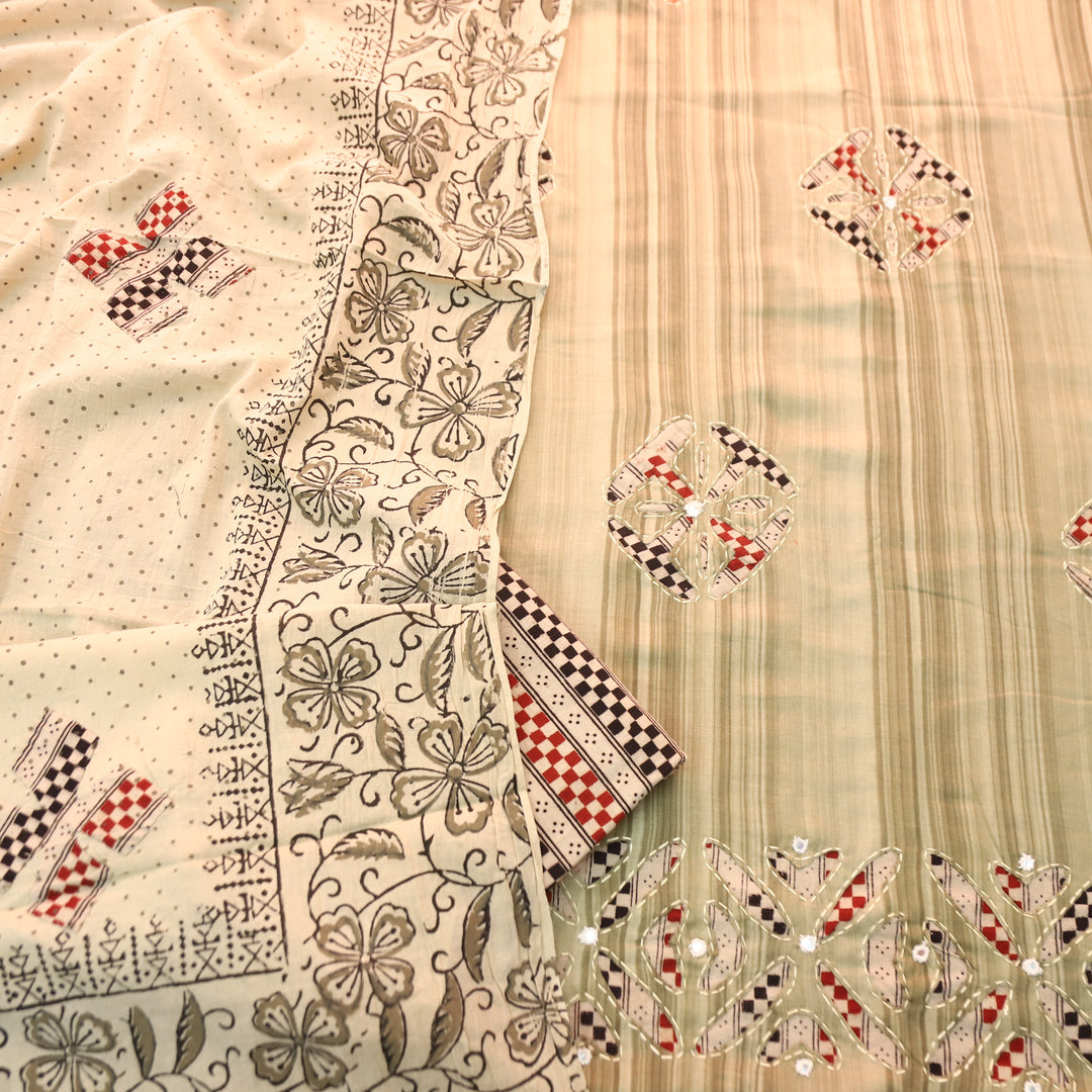 Sadafq Fern Green Kalamkari Applique Work Jam Satin Cotton Set