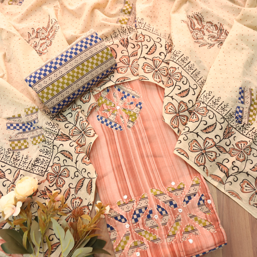 Sadafq Pumpkin Peach Kalamkari Applique Work Jam Satin Cotton Set