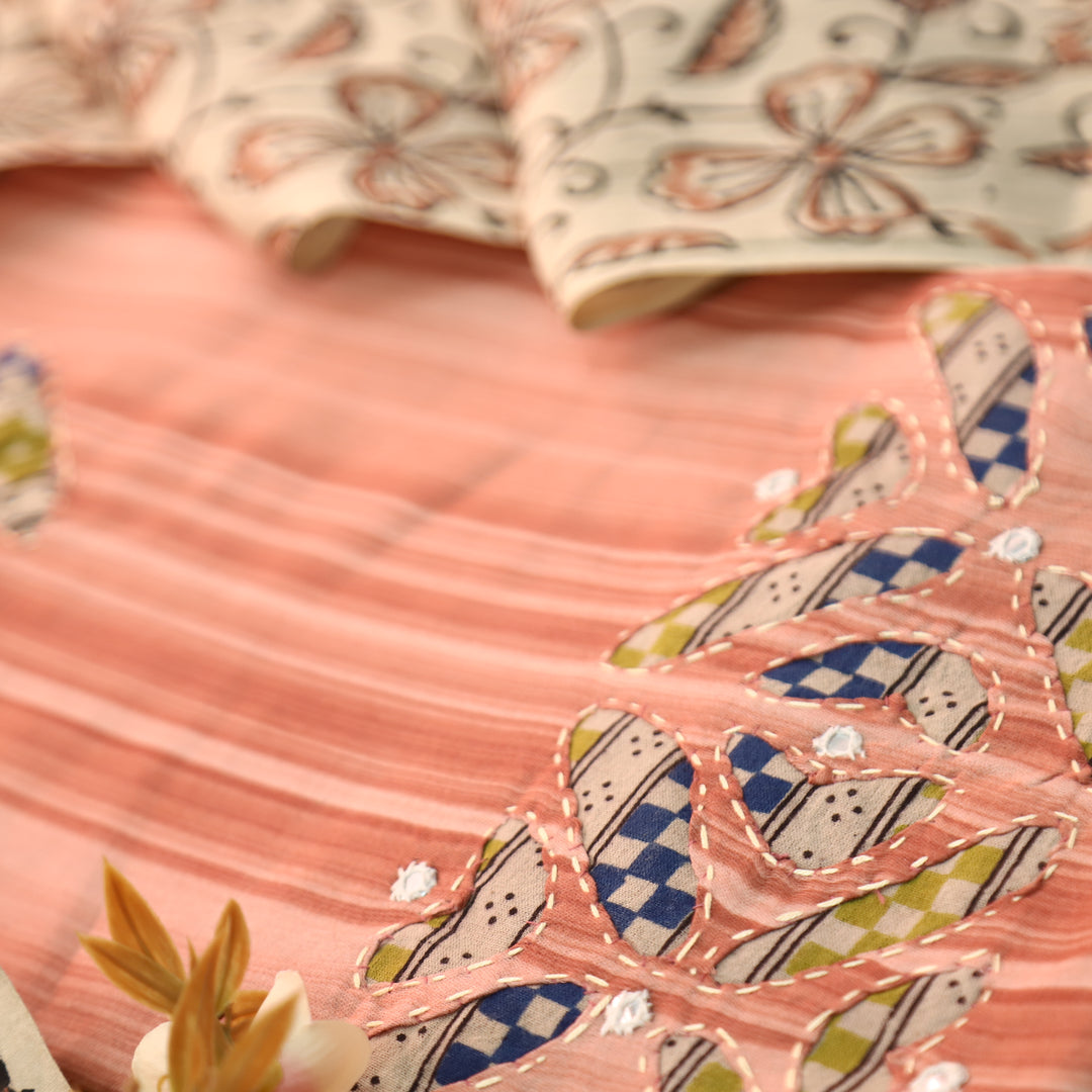 Sadafq Pumpkin Peach Kalamkari Applique Work Jam Satin Cotton Set