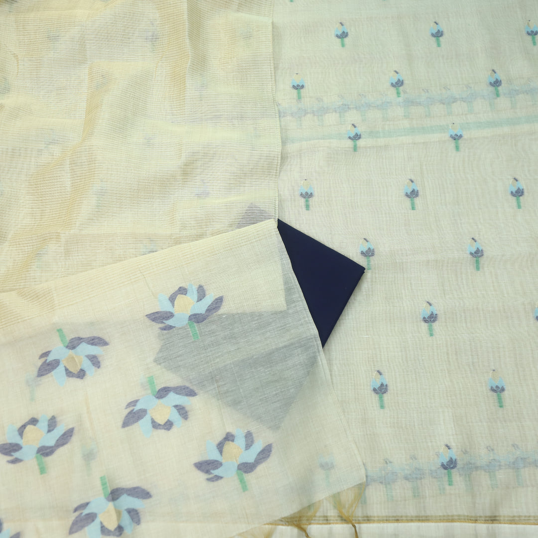 Raina Beige with Blue Authentic Jamdani Weaved Top and Dupatta Set