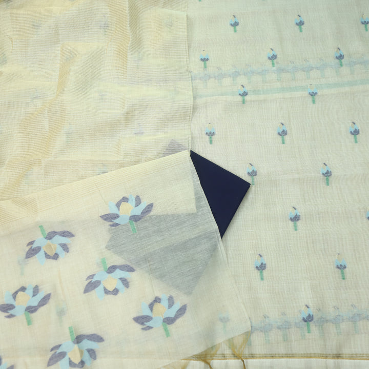 Raina Beige with Blue Authentic Jamdani Weaved Top and Dupatta Set