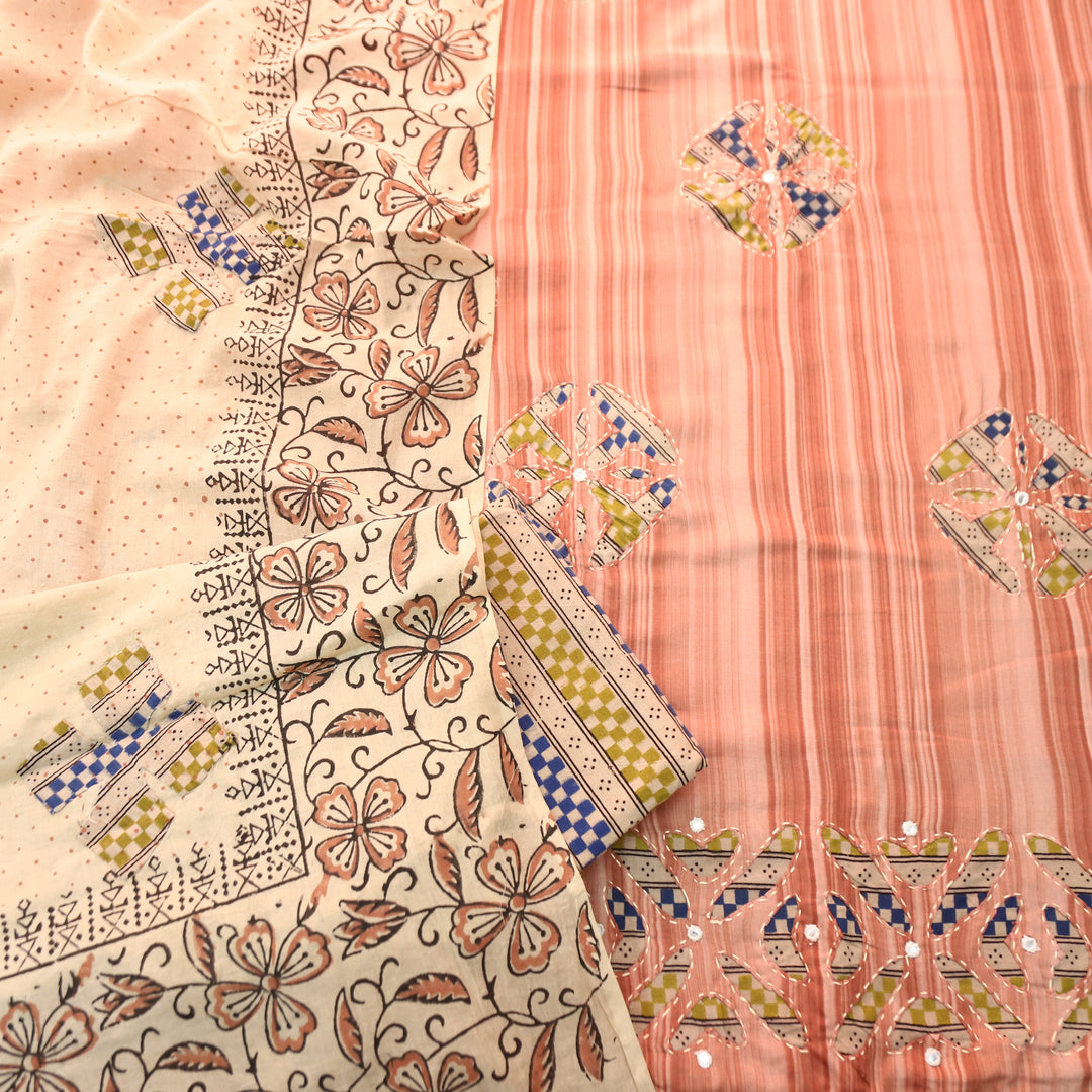 Sadafq Pumpkin Peach Kalamkari Applique Work Jam Satin Cotton Set