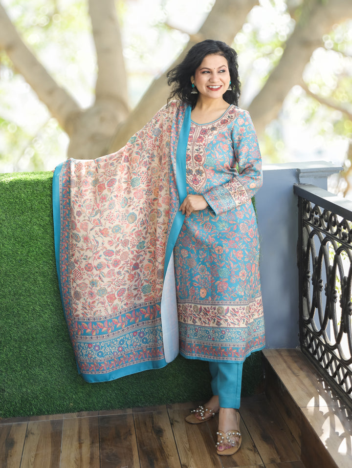 Tejaswini Aqua Blue Round Neck Kashmiri Floral Print Semi Pashmina 3 Piece Set