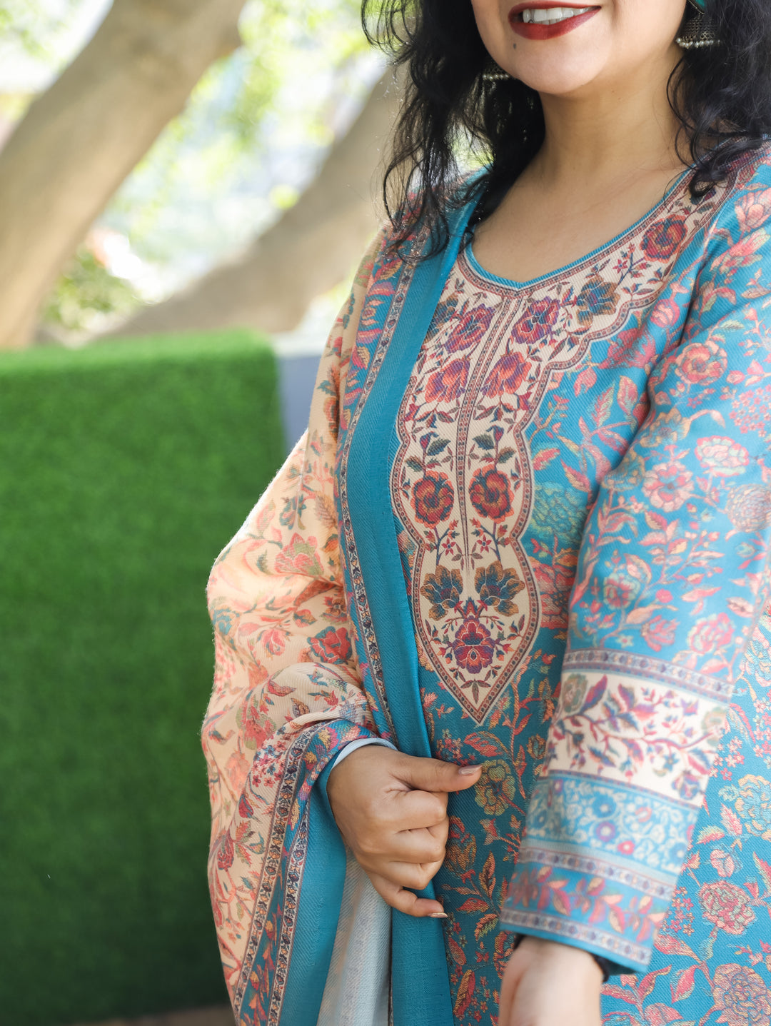 Tejaswini Aqua Blue Round Neck Kashmiri Floral Print Semi Pashmina 3 Piece Set