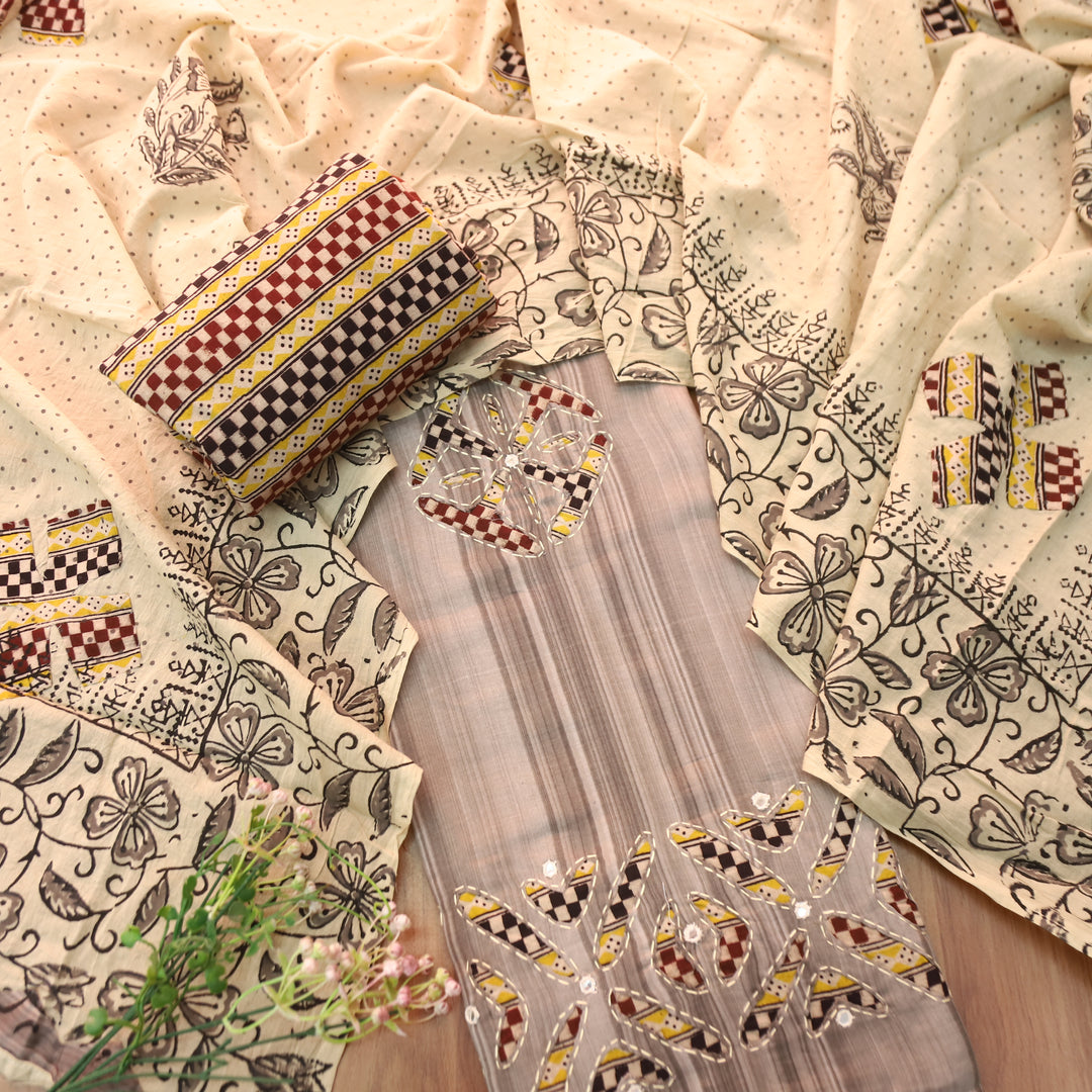 Sadafq Shadow Grey Kalamkari Applique Work Jam Satin Cotton Set