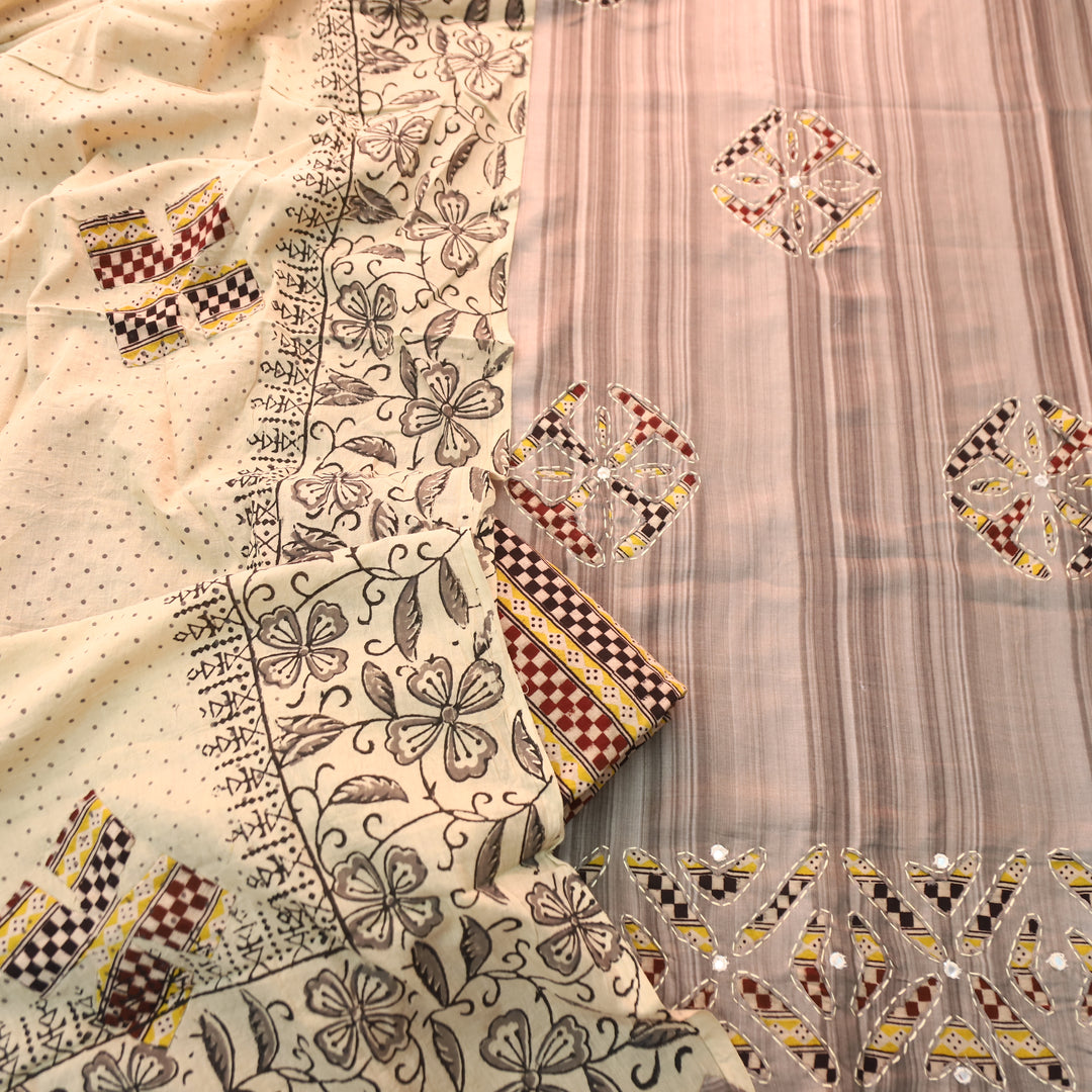 Sadafq Shadow Grey Kalamkari Applique Work Jam Satin Cotton Set