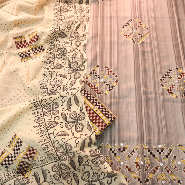 Sadafq Shadow Grey Kalamkari Applique Work Jam Satin Cotton Set
