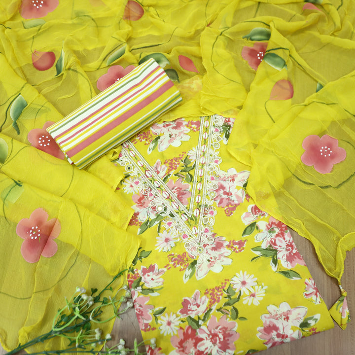 Adaa Bright Yellow V Neck Shell with Moti Work Floral Printed Cotton Suit Set