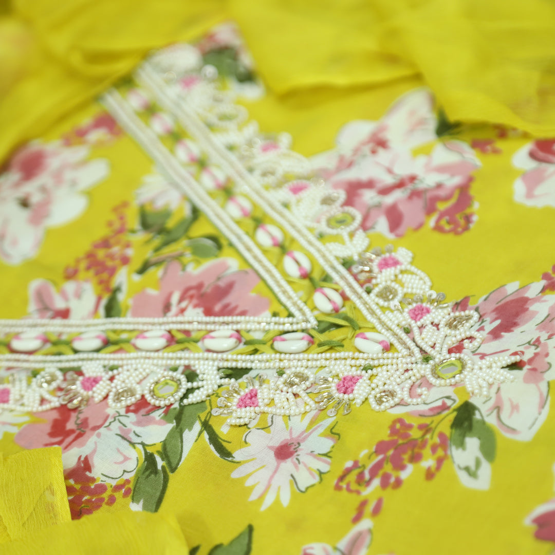 Adaa Bright Yellow V Neck Shell with Moti Work Floral Printed Cotton Suit Set