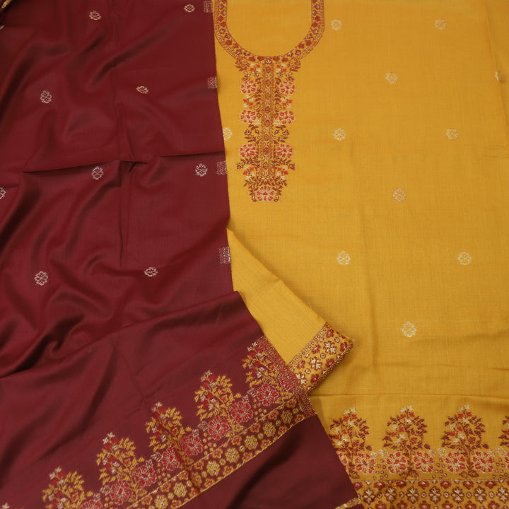 परदेसी Marigold Yellow  Thread Weaved with Zari Semi Pashmina Winter Suit Set