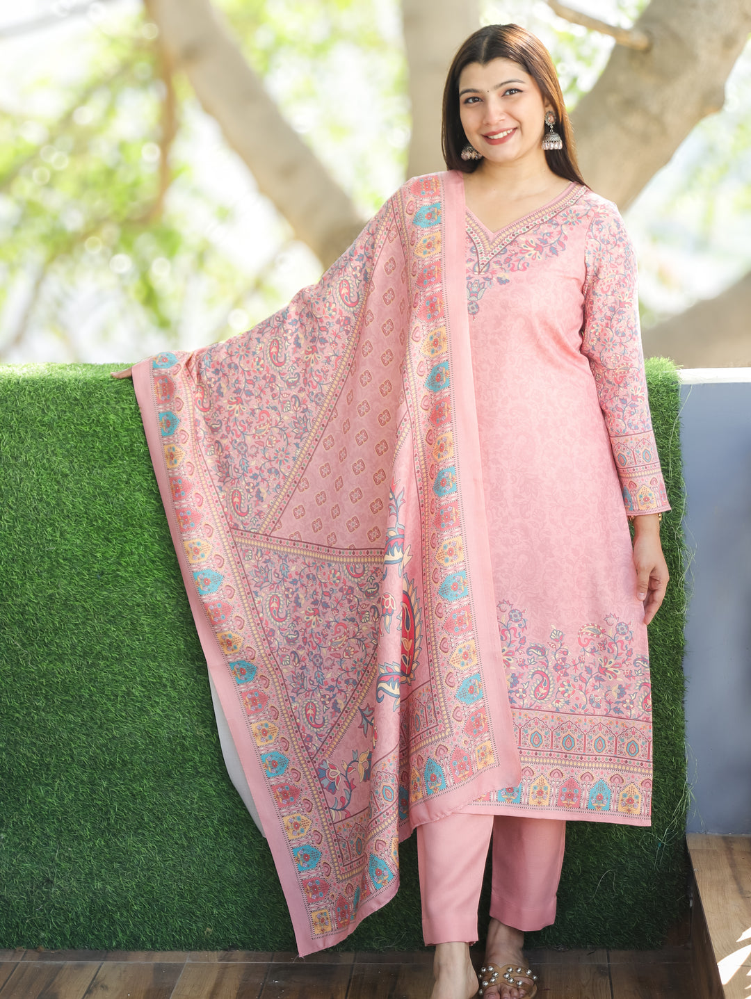 Kritipriya Pastel Pink  V Neck Kashmiri Floral Print Semi Pashmina 3 Piece Set