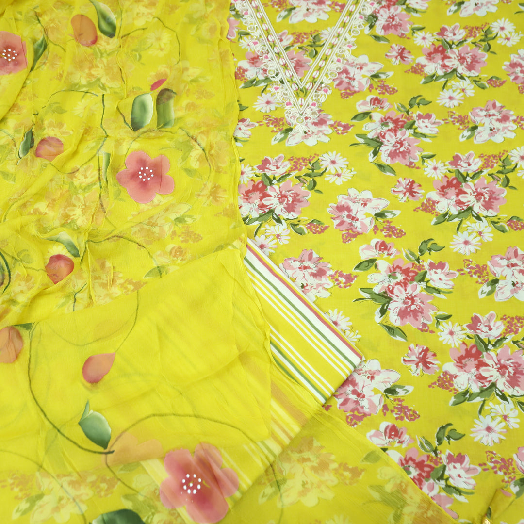 Adaa Bright Yellow V Neck Shell with Moti Work Floral Printed Cotton Suit Set