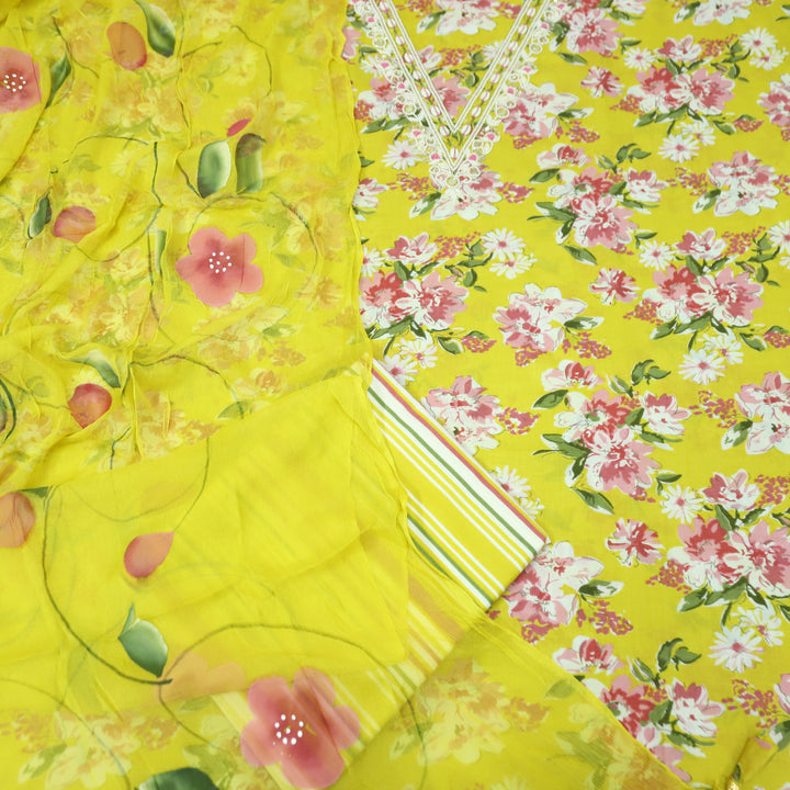 Adaa Bright Yellow V Neck Shell with Moti Work Floral Printed Cotton Suit Set