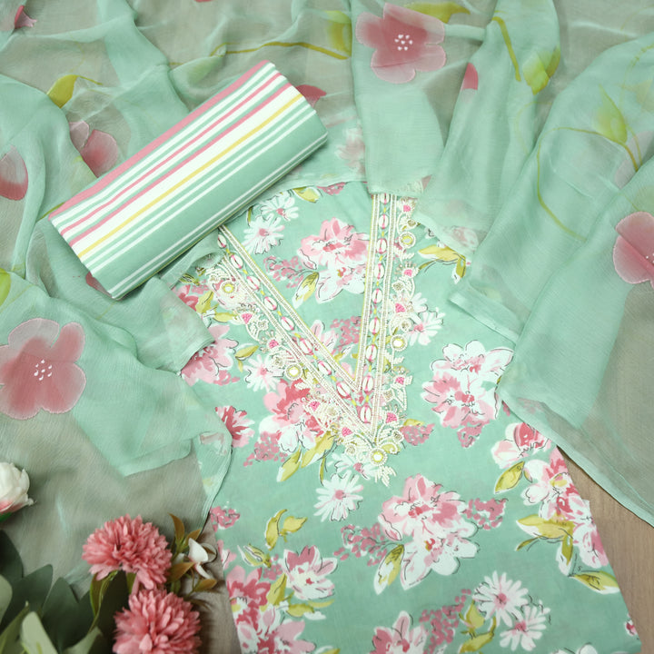 Adaa Terracotta Sage V Neck Shell with Moti Work Floral Printed Cotton Suit Set