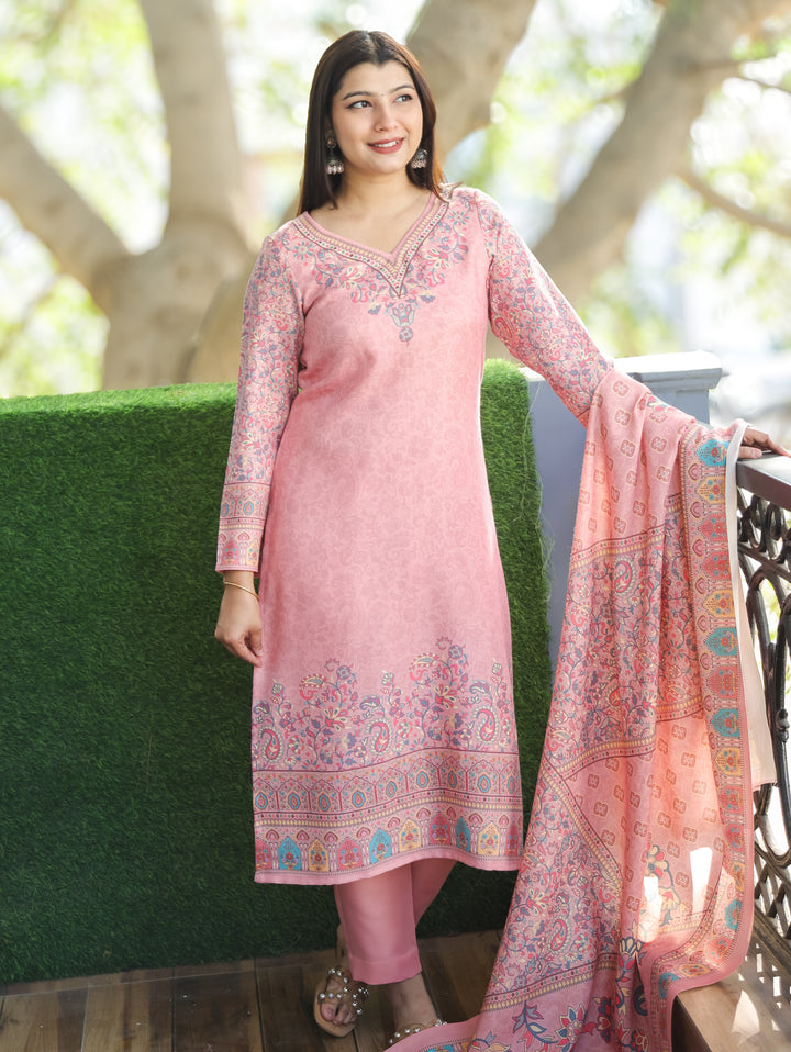 Kritipriya Pastel Pink  V Neck Kashmiri Floral Print Semi Pashmina 3 Piece Set