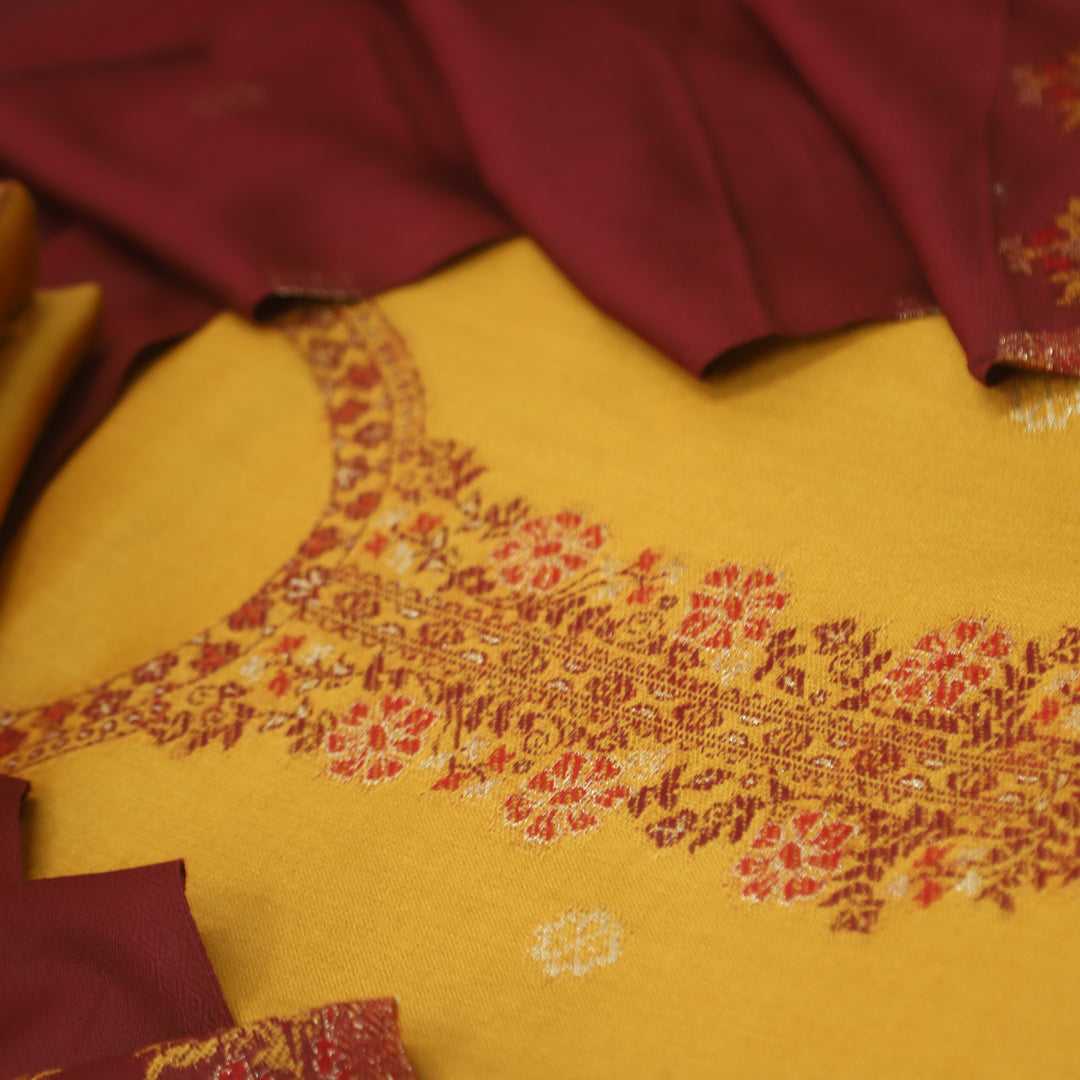 परदेसी Marigold Yellow  Thread Weaved with Zari Semi Pashmina Winter Suit Set