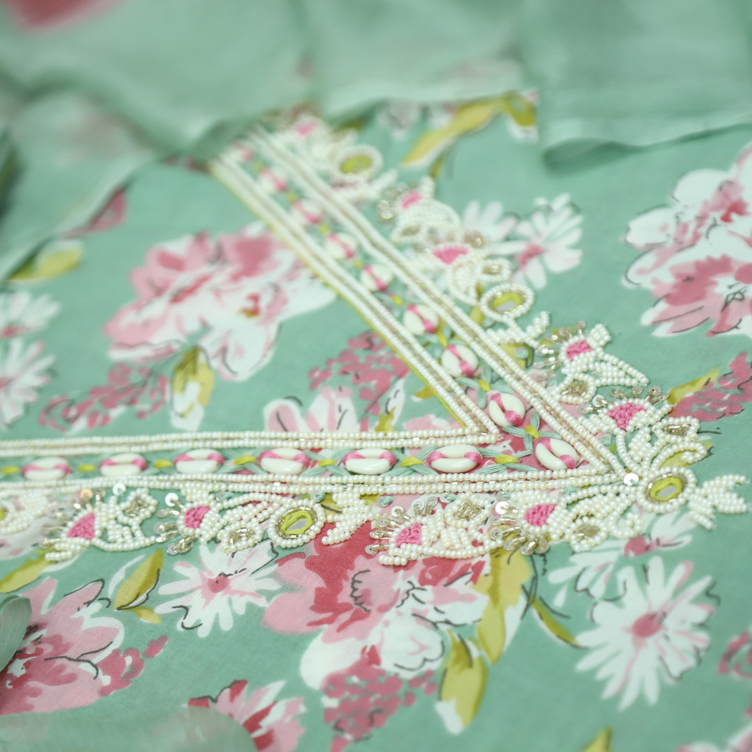 Adaa Terracotta Sage V Neck Shell with Moti Work Floral Printed Cotton Suit Set