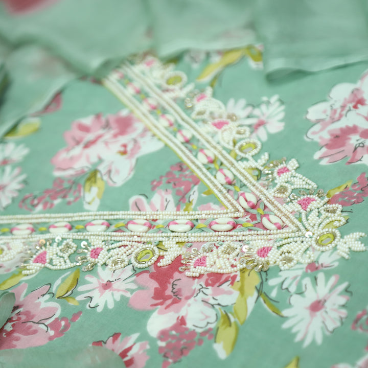 Adaa Terracotta Sage V Neck Shell with Moti Work Floral Printed Cotton Suit Set