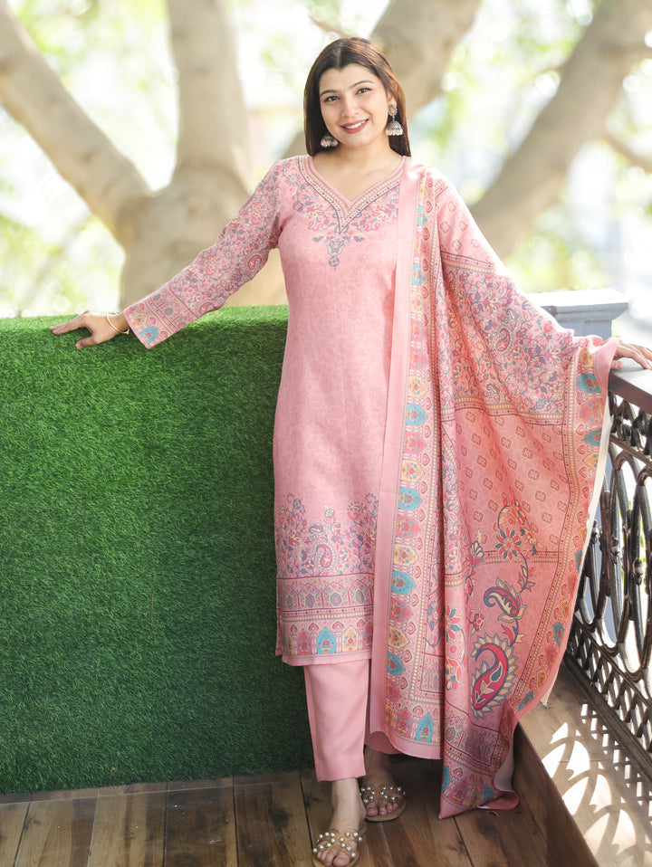 Kritipriya Pastel Pink  V Neck Kashmiri Floral Print Semi Pashmina 3 Piece Set