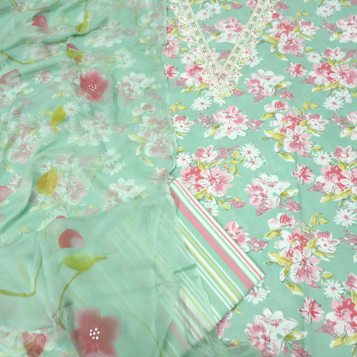 Adaa Terracotta Sage V Neck Shell with Moti Work Floral Printed Cotton Suit Set