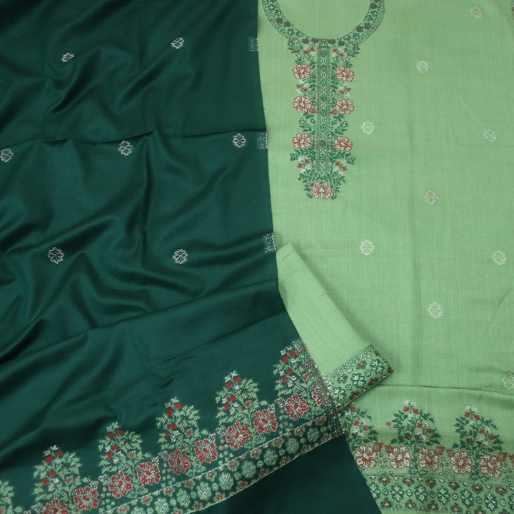 परदेसी Sage Green Thread Weaved with Zari Semi Pashmina Winter Suit Set