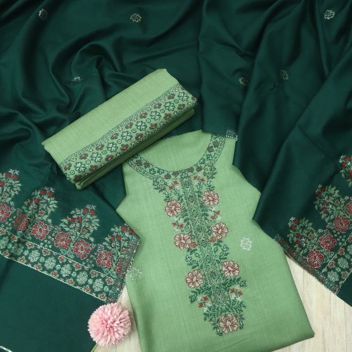 परदेसी Sage Green Thread Weaved with Zari Semi Pashmina Winter Suit Set